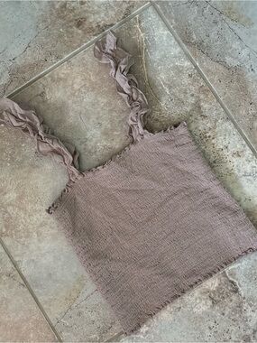 Aerie Smocked Ruffle Strap Crop Top XS Beige Tan Fitted Summer Boho Festival